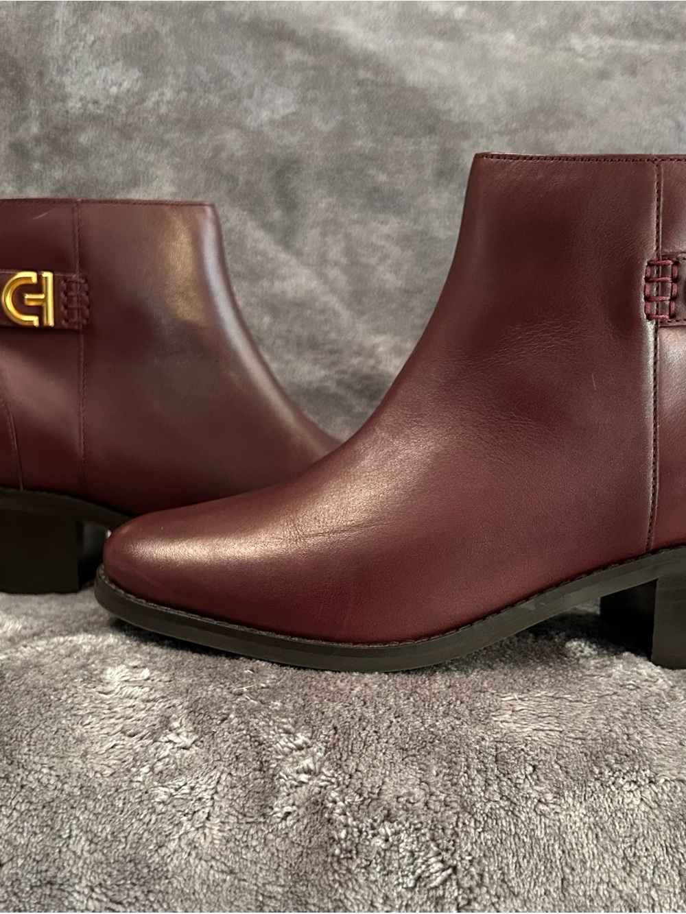 Cole Haan Holis Women’s Burgundy Leather Ankle Boots - Zip sides Gold hardware